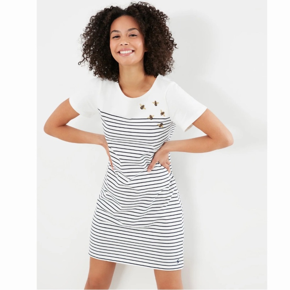 Jeweled Striped White and Navy Dress Beaded Bees
